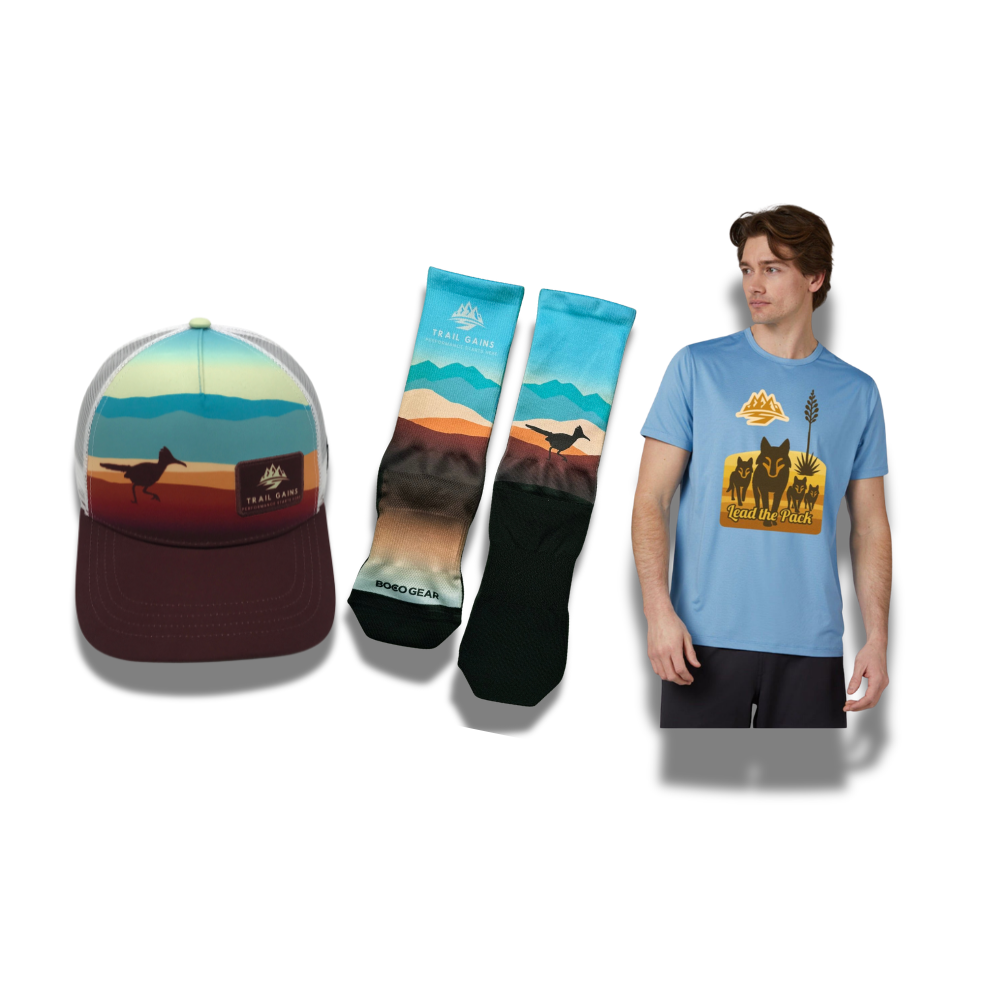 Trail Gains Gear Bundle - Wolf Pack Cooling Performance T-Shirt + Trail Gains Socks - Roadrunner Edition + Trail Gains BOCO Technical Trucker Hat – Roadrunner Edition