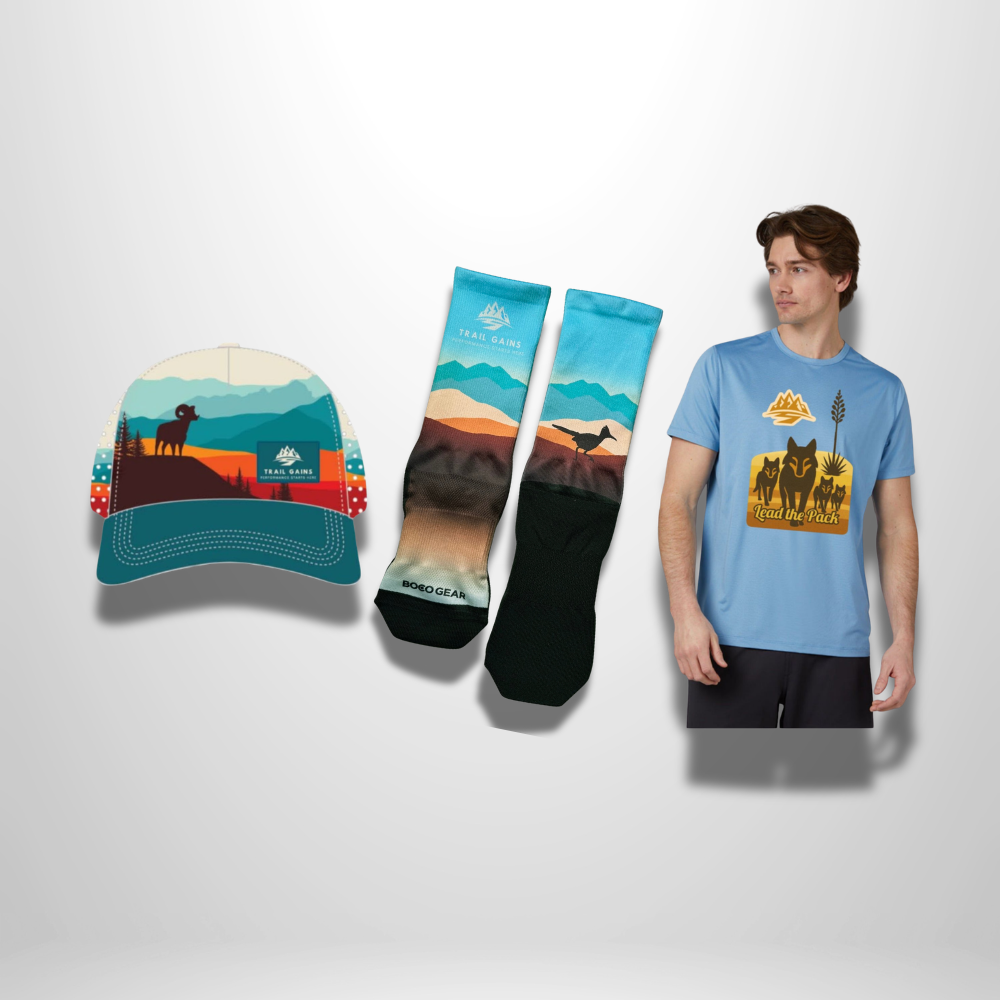 Trail Gains Gear Bundle - Wolf Pack Cooling Performance T-Shirt + Trail Gains Socks - Roadrunner Edition + Trail Gains BOCO Technical Trucker Hat – Roadrunner Edition